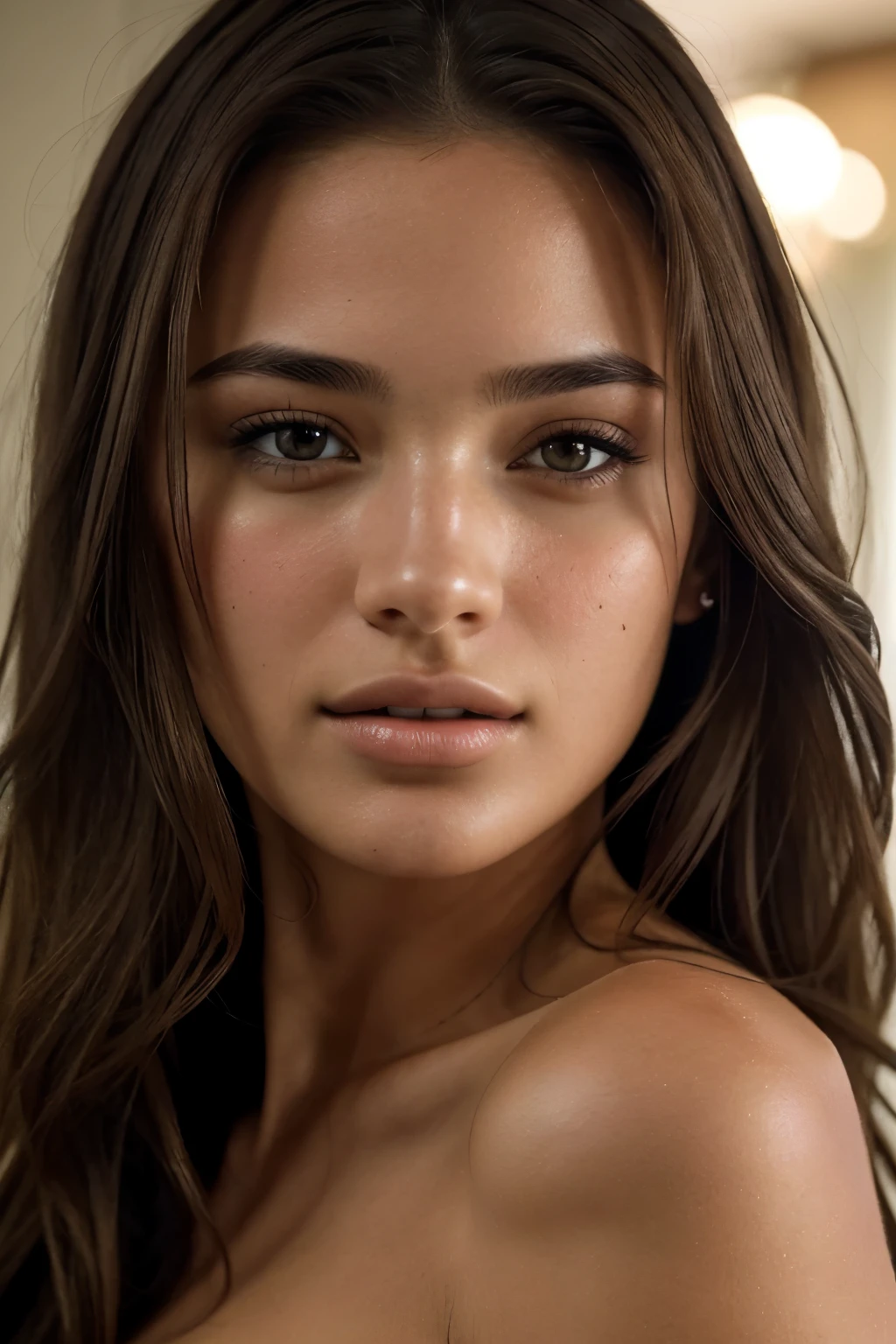 (Beautiful: 1.1), (High definition: 1.3), (Masterpiece: 1.0), A stunning 24-year-old woman with long, luscious brown hair catches the eye in this captivating photograph. Her expressive, cheerful face radiates beauty, with a closed mouth revealing perfectly formed, full lips. The intricate details of her features are accentuated by the shallow depth of field and the high-budget production quality, making this image a true cinematic masterpiece. The detailed texture of her skin, subtly hinted by a slight blush (0.3) and the hint of goosebumps (0.2),