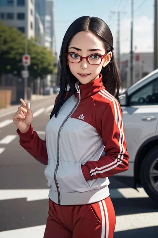 (masterpiece, highest quality), One girl, Satou, Satou, Glasses, 赤いフレームのGlasses, Under-rim eyewear, Satou, Glasses, 赤いフレームのGlasses, Under-rim eyewear, Track jacket, Track pants