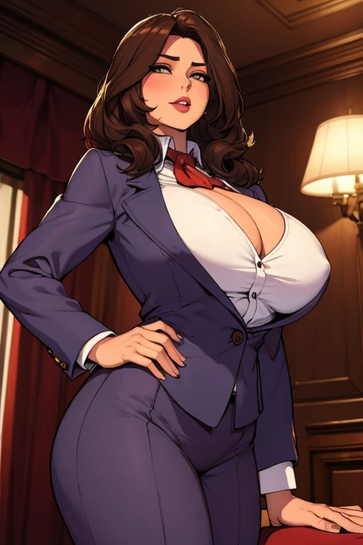 La mujer,chaqueta, chaqueta negra, camisa, corbata, corbata negra, tacones, casa al fondo, noche, muy detallado, Realistic long-term photography., 4k, pelo largo, brown hair, By the chestnut, labios rojos,sexy,red lips, brown eyes, big breasts, pechos grandes, breasts, pistola, gun