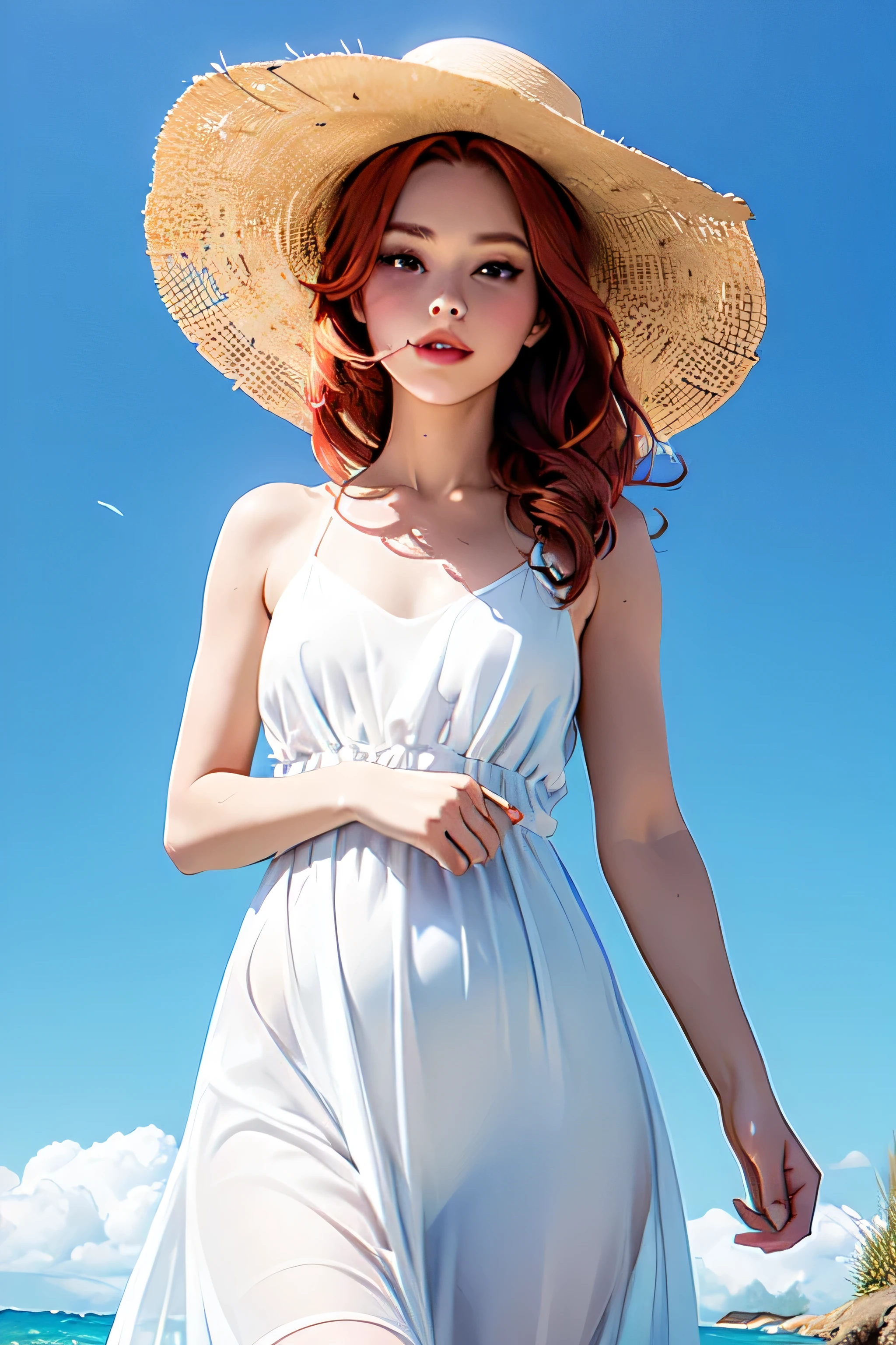 a redhead facing forward, half body, wearing a big hat, white sundress, she is holding her hat to keep it from flying off, she is in a sunny, blue environment with white clouds, summer, thick lips, short, flat chest, flowy dress