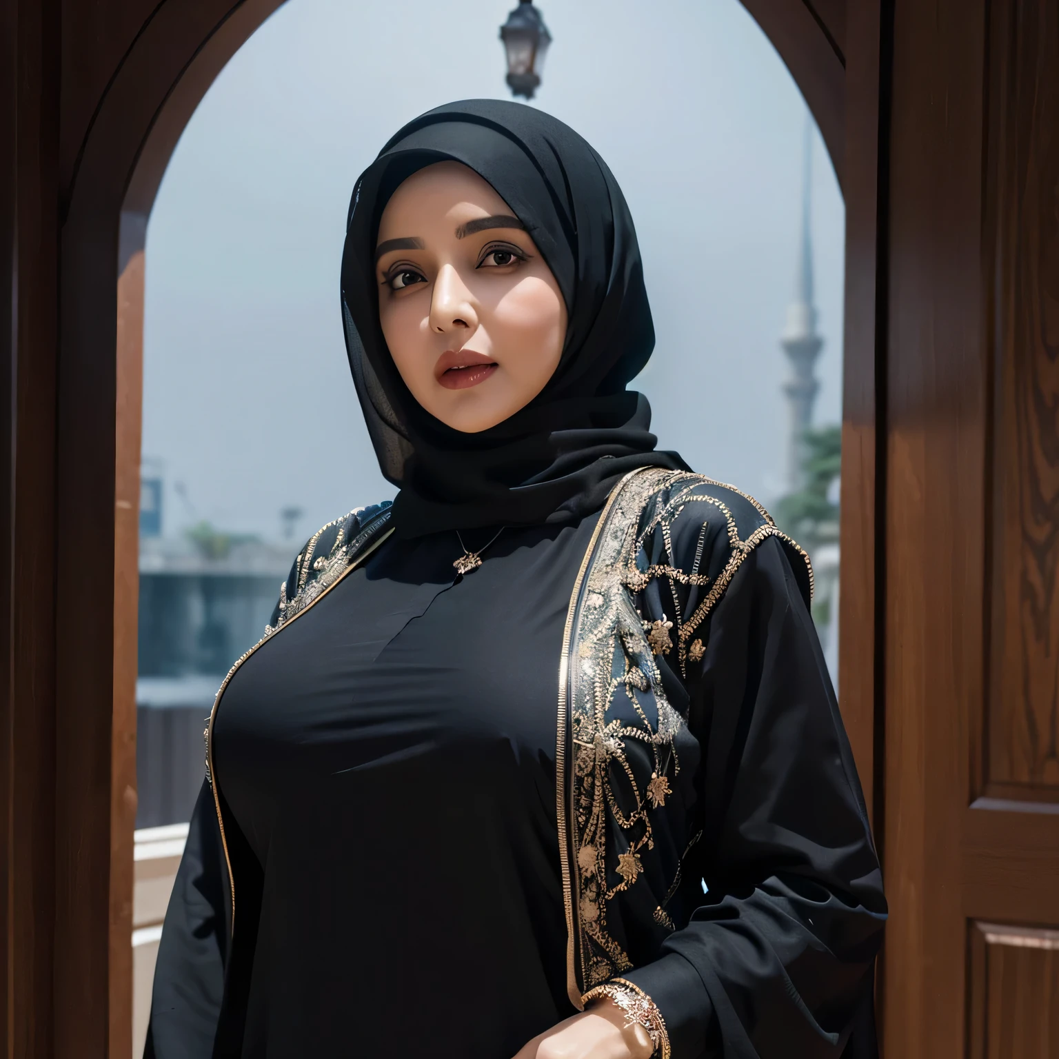 56 years Old, ((Hijab Crazy Rich Pakistani n mature woman)), Big Round  : 46.9, Luxury Seethe Dress, curvy body, Breast about To burst out from her clothes, at doctor office, Dark light, at Nighttime.
