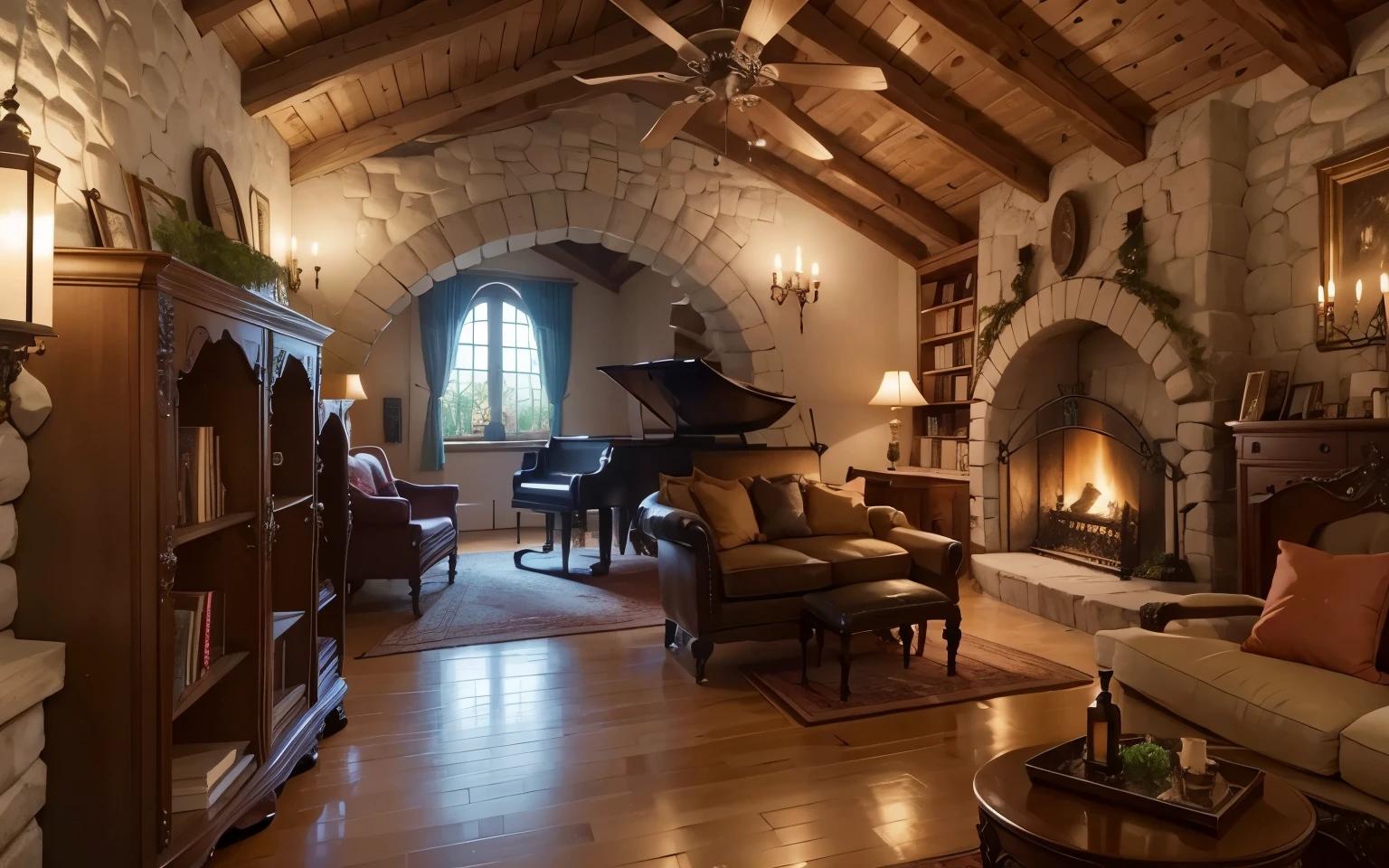 a cozy castle room with fireplace, a beauty piano next window