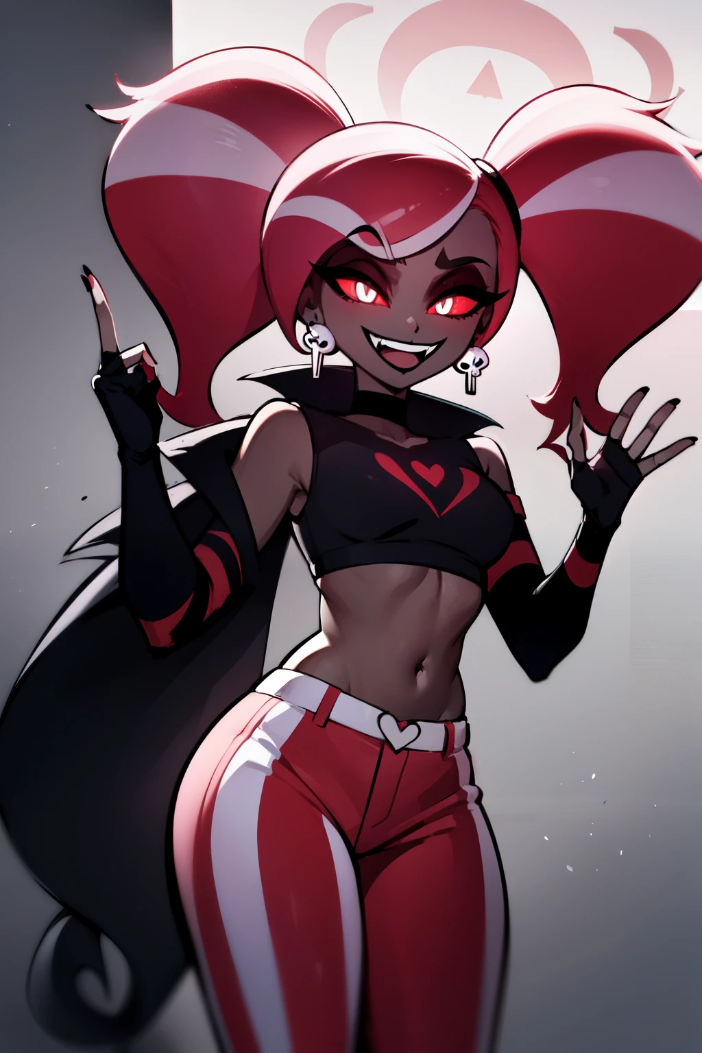 VelvetteHH, dark eyeshadow, white pupils, red sclera, pink hair, two-tone hair, twintails, long hair, skull earrings, colored skin, dark skin, fangs, black jacket, (black crop top:1.4), (crop top with heart design), bare shoulders, fingerless gloves, elbow gloves, (vertical striped pants:1.2), standing, smile, looking at viewer, indoors