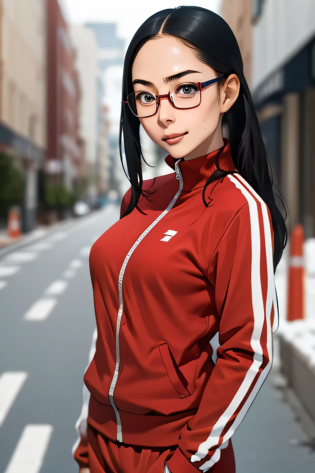 (masterpiece, highest quality), One girl, Satou, Satou, Glasses, Glasses with red frames, Under-rim eyewear, Satou, Glasses, Glasses with red frames, Under-rim eyewear, Track jacket, Track pants