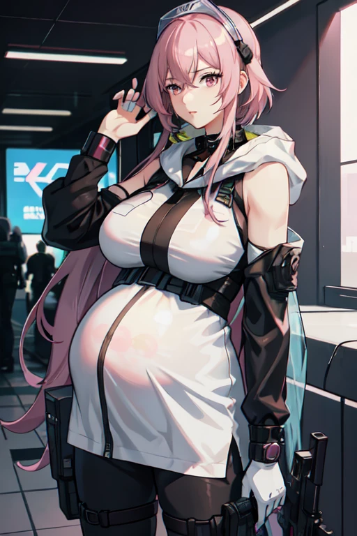 I want a female soldier with long pink hair, She holds a gun in her right hand.
Anime style. 4K, Cyberpunk style，beauty，(Pregnant，Huge breasts：1.8)