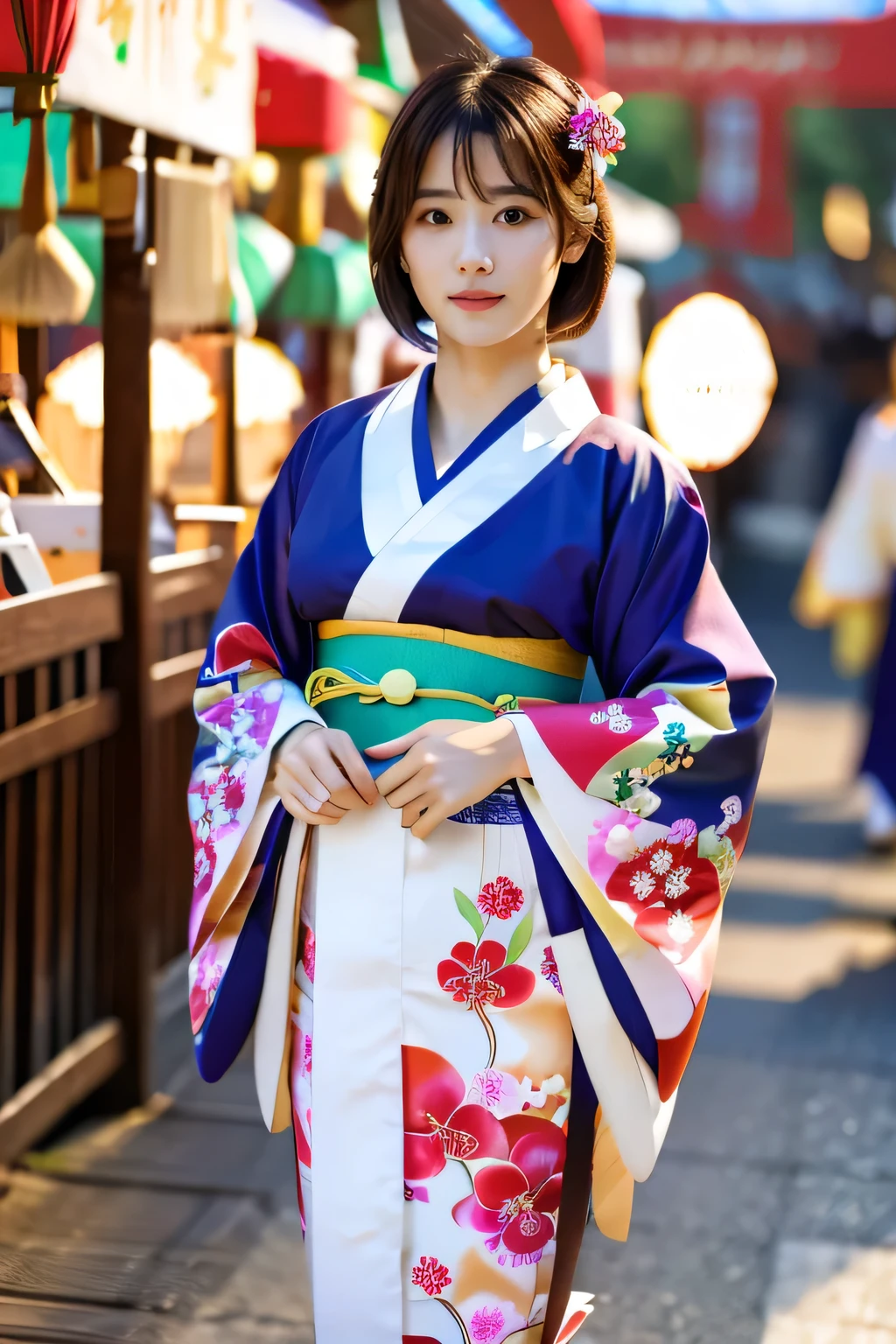 highest quality, Photorealistic, Very detailed, finely, High resolution, 8K Wallpaper, Professional, High level of detail, ((One 18 year old girl:1.2)), Slender Japanese women,Pretty lips, (Beautiful long lashes:1.2)、Detailed clavicle, Perfect Face, (Cute short bob hair:1.5),Top Quality,Ultra-clear resolution,Clear Eyes,Sunburned skin,Perfect large breasts,have perfect legs,(Enjoy the festival fair:1.5)、(Posing in a kimono:1.5)、(Full-body photo:1.5)