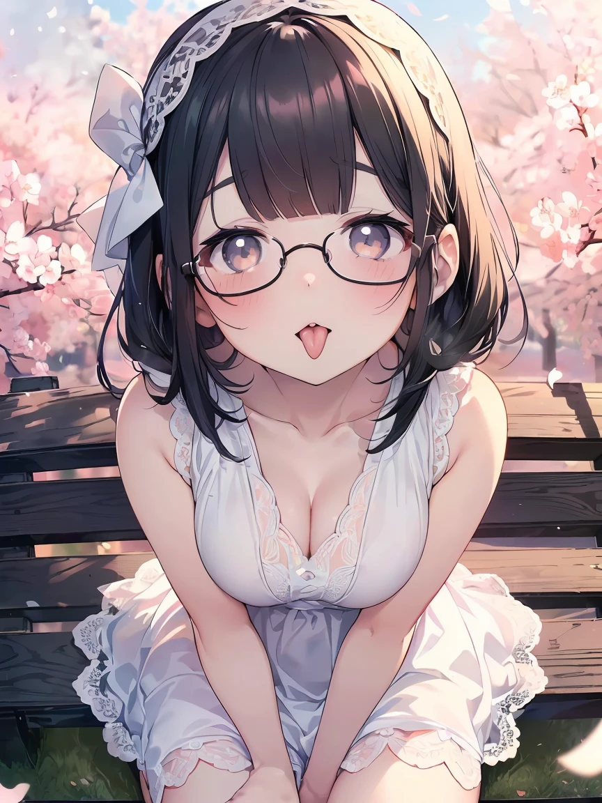 Very detailed, highest quality, High resolution, Moe Anime, ((Cute girl with black hair and droopy eyes)), ((Wearing large round glasses:1.4)), (Baby Face), Cute eyes, Detailed eye depiction, Sparkle in the eyes, View your viewers, Pale skin, (Big eyes:1.4, Droopy eyes:1.4, Fatty face:1.4), smile, Focus on the face, In the park with cherry blossoms falling, Sitting, (Extreme close up of tongue), (((From above))), Open your mouth, (((Face only:1.3))), ((white lace sleeveless dress)), Bright Eyes, Light from the front, (Put your hands between your legs:1.4), large and long tongue, Cleavage