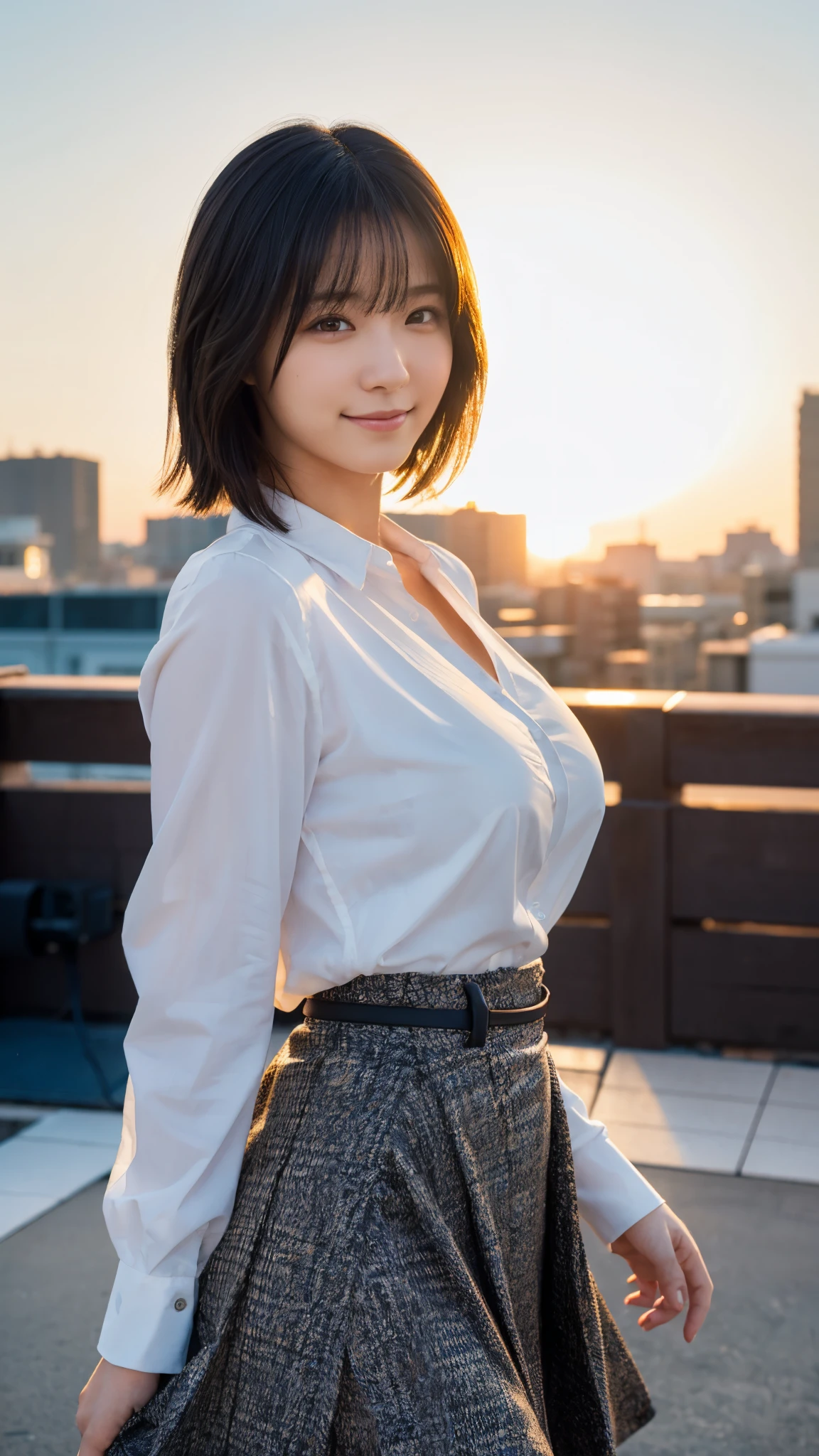 (highest quality,masterpiece:1.3,Ultra-high resolution),(Super detailed,Caustics,8k),(Photorealistic:1.4,RAW shooting),Buckshot,Japanese,23 years old,cute,Are standing,(Smiling and looking at the camera),Black Hair Middle Hair,Big Breasts,White blouse,Knee-length skirt,Strong winds,Hair blowing in the wind,Rooftop,Backlight,Sunset,Sunset sky,Waist up shot,Face Focus,Face close up,Natural light