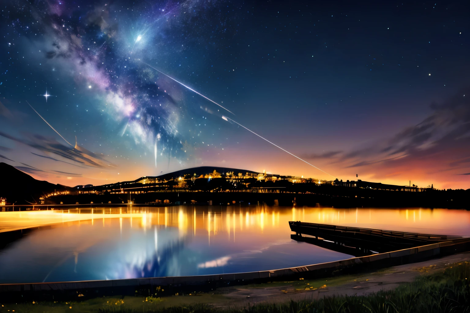 Highest quality, night sky with a big moon that looks like it's going to stick out, a fantastic meteor shower, a starry sky reflected in the lake, and a fantastic atmosphere.