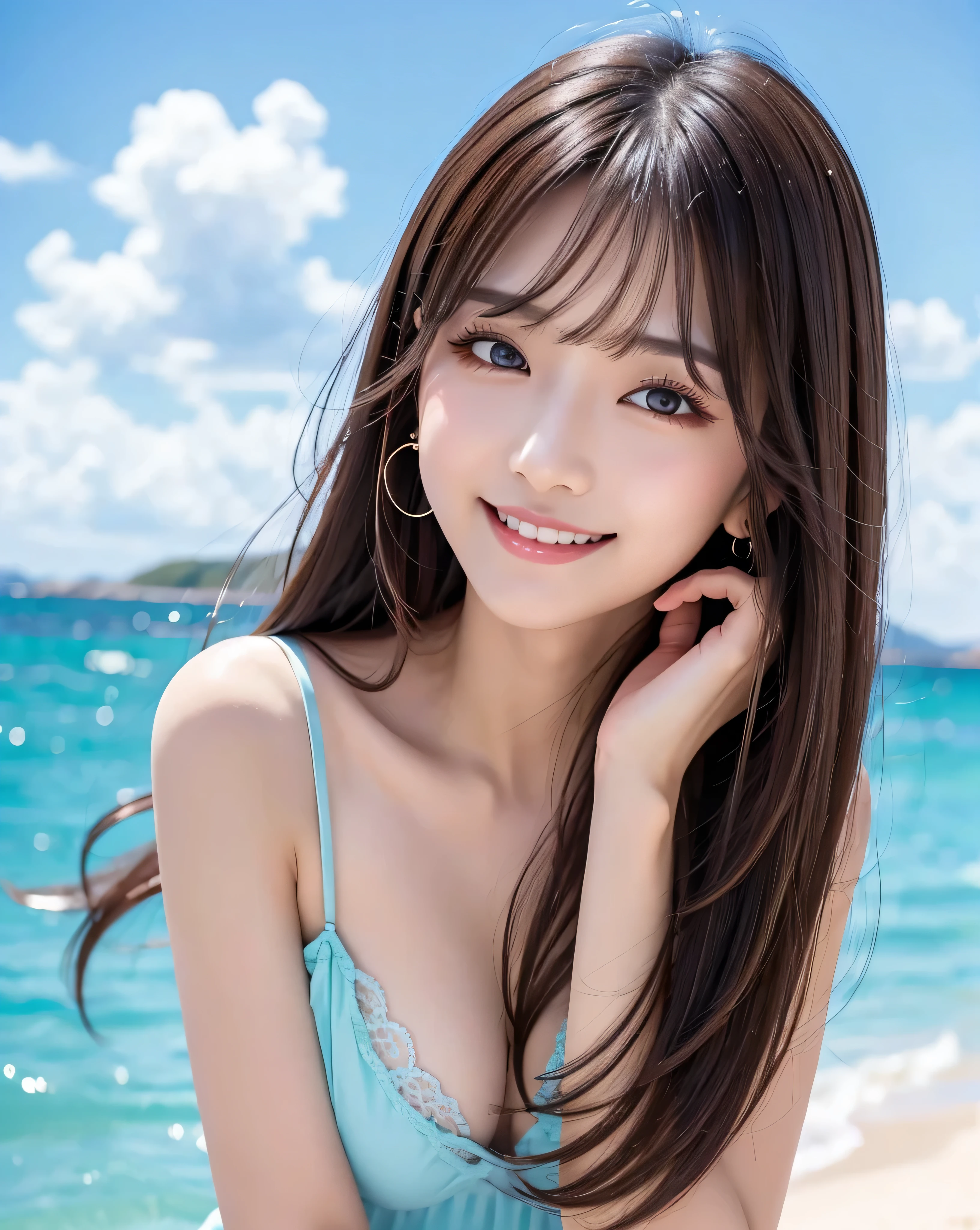 (highest quality, 32k, High resolution, Masterpiece:1.5, ), marimo_jet, Transparent air, The brilliance of youth, An award-winning masterpiece with incredible detail, Beautiful Japanese Girls, An exceptionally beautiful face, Shiny brown hair, ((Beautifully groomed long hair)), Asymmetrical bangs, Hair between the eyes, Beautifully trimmed, thin eyebrows, Magical big eyes, Moist black eyes, Beautiful double eyelids, smooth and transparent skin, Pale pink lips, Natural Makeup, Cheek gloss highlight, Rich expression of emotions, (A gentle smiling face:1.3), Light blue see-through camisole, High resolution perfect collarbone, High resolution beautiful bust, Slim figure with ample breasts, High resolutionの美しい太もも, Luxury Cruising, Beautiful, clear blue sea stretches to the horizon, Gentle sunlight, detailed blue sky, Professional Lighting, Professional Photographer, Professional models