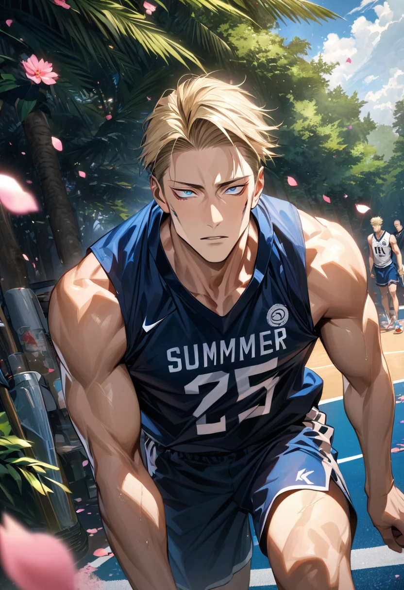 absurdres, highres, ultra detailed, HDR, masterpiece, extremely detailed face and eyes, Nanami Kento, blond hair, expressive blue eyes, Jujutsu Kaisen, sexy man, handsome, basketball uniform, summer, pink flowers, trees, petals