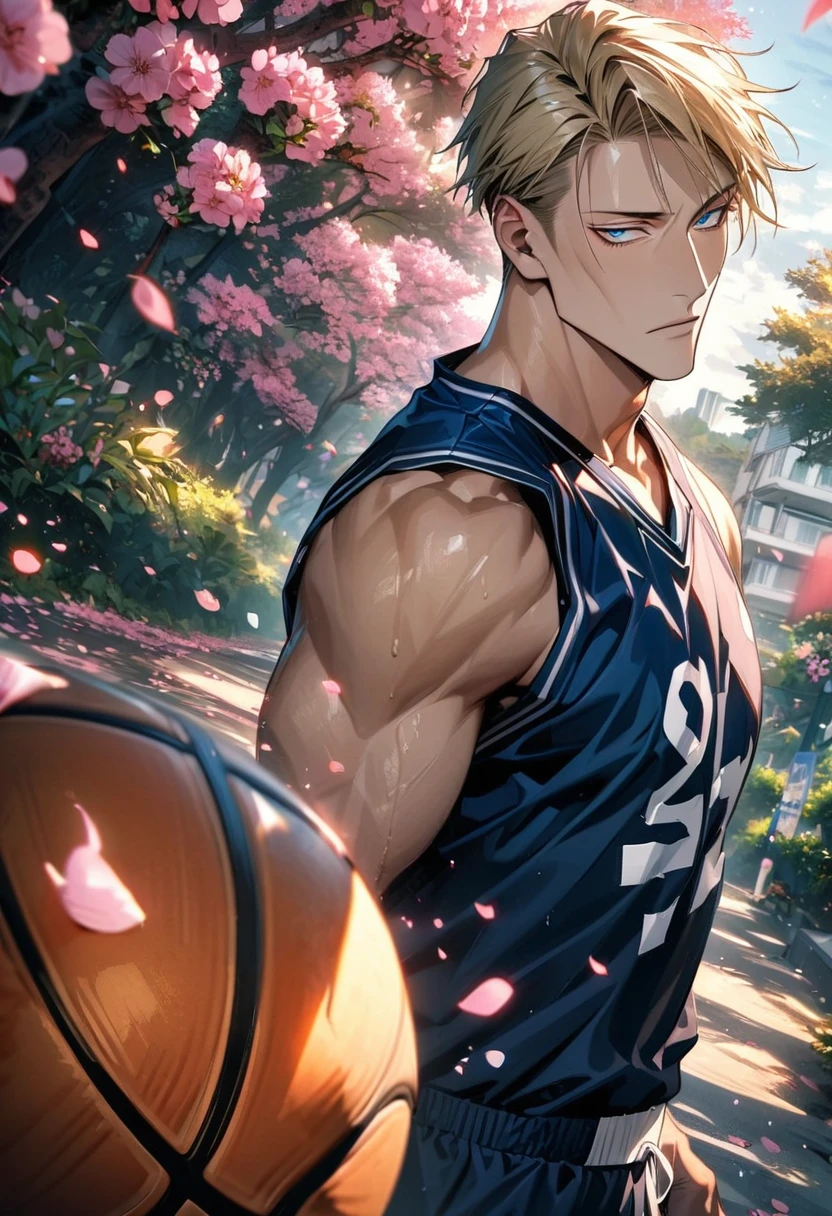 absurdres, highres, ultra detailed, HDR, masterpiece, extremely detailed face and eyes, Nanami Kento, blond hair, expressive blue eyes, Jujutsu Kaisen, sexy man, handsome, basketball uniform, summer, pink flowers, trees, petals