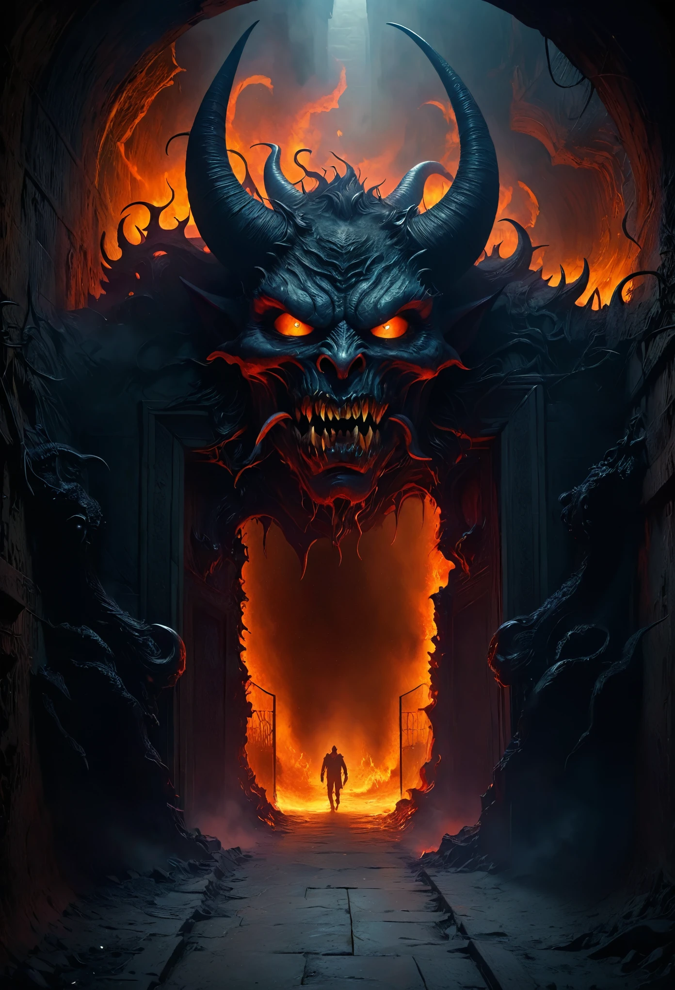 Close-up of a demonic looking demon with a man, walking through the tunnel, A Door in Hell, the A Door in Hell, Portal in AD, The Jaws of Hell, The Great Door of Hell, the The gates of hell, The gates of hell, Hellscape, hellish background, Hyperreal Hell, ruins of hell, satan in hell, The King of Hell