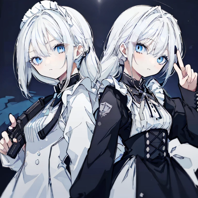 Two Girls,White Hair,Long Hair,ponytail,Blue Eyes,Sharp Eyes,Maid clothemile,Black clothes,Pointing a Gun,Expressionless,Turn your back on each other,Back to Back,Night view,gorgeous,