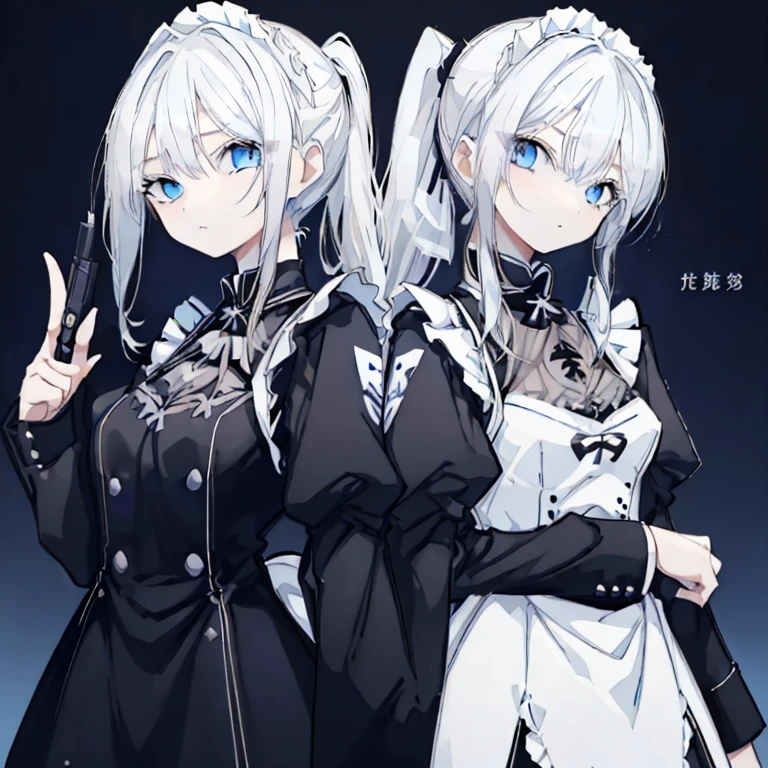 Two Girls，White Hair，Long Hair，ponytail，Blue Eyes，Sharp Eyes，Maid clothemile，Black clothes，Pointing a Gun，Expressionless，Turn your back on each other，Back to Back，Night view，gorgeous，