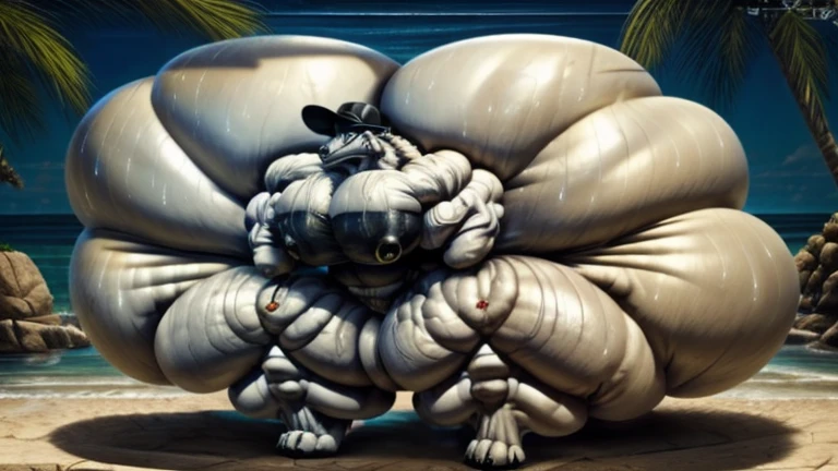 4k, high resolution, best quality, perfect lightning, perfect, solo, anthro, young, boy,white wolf:2.0, furry body, (fluffy mane:1.2), fluffy tail, male, adult, (bulky2:0, thick muscles2:0, huge muscles:2.0, hyper muscles:2.0), (thick biceps, veiny biceps, broad shoulders:2.0), (thick legs, thick calves:1.1), (digitigrade legs, 4 toes:1.2), perfect colors, (photorealistic fur, detailed fur, epic, masterpiece), (suggestive posing:1.2), (seductive smile, lustful grin 1.3), detailed beach,detailed wolf eyes:2.0, by k0suna, by darkgem,nipple ring,hyper arms:2.0,veins,white body,white fur,hyper butt:2.0,hyper paws:2.0,standing,thick legs,thick butts:2.0,sweat body:2.0,massive butt:2.0,black hat,hyper ass:2.0,huge ass,long legs,juicy butt:2.0