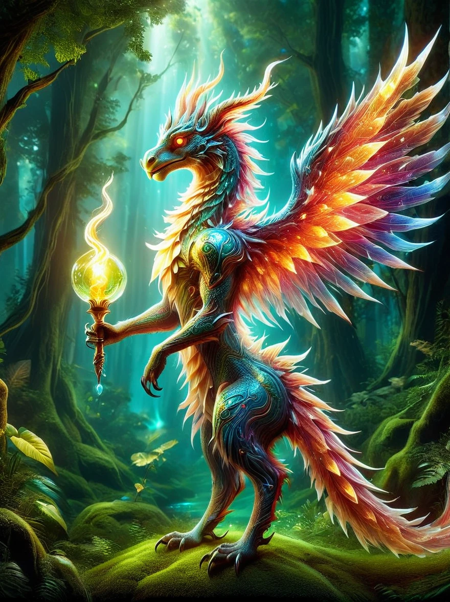 A creative depiction of a whimsical creature inspired by creatures from popular card-based games. The creature is entirely made up of glass, illuminating in the sunlight with a variety of colors reflecting off its surface. Its body resembles those of chimerical beasts, with elements of various animals combined. It has the wings of a bird, legs of a mammal, and a long tail which can possibly be seen as reptilian. As it glows, the glass creature stands majestically against a backdrop of a lush green forest, the shining beacon amidst nature's splendor.