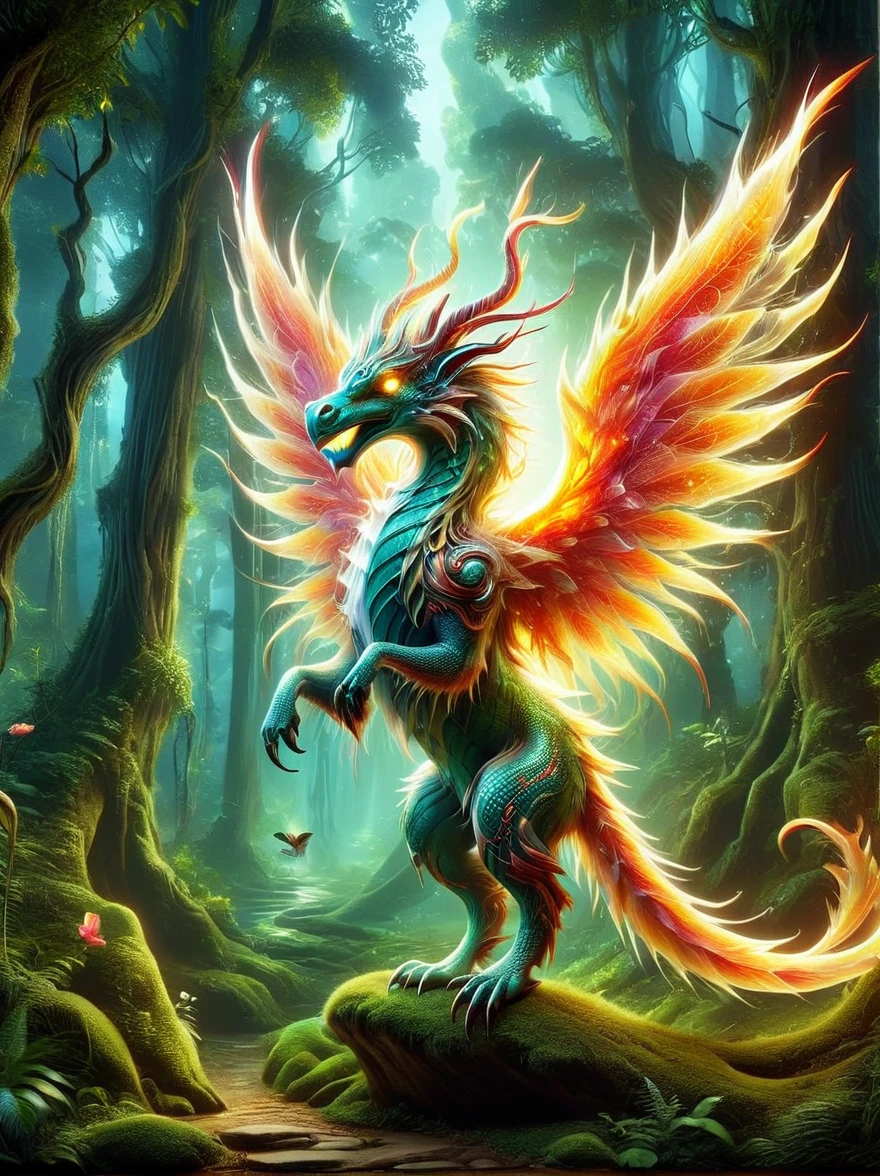 A creative depiction of a whimsical creature inspired by creatures from popular card-based games. The creature is entirely made up of glass, illuminating in the sunlight with a variety of colors reflecting off its surface. Its body resembles those of chimerical beasts, with elements of various animals combined. It has the wings of a bird, legs of a mammal, and a long tail which can possibly be seen as reptilian. As it glows, the glass creature stands majestically against a backdrop of a lush green forest, the shining beacon amidst nature's splendor.