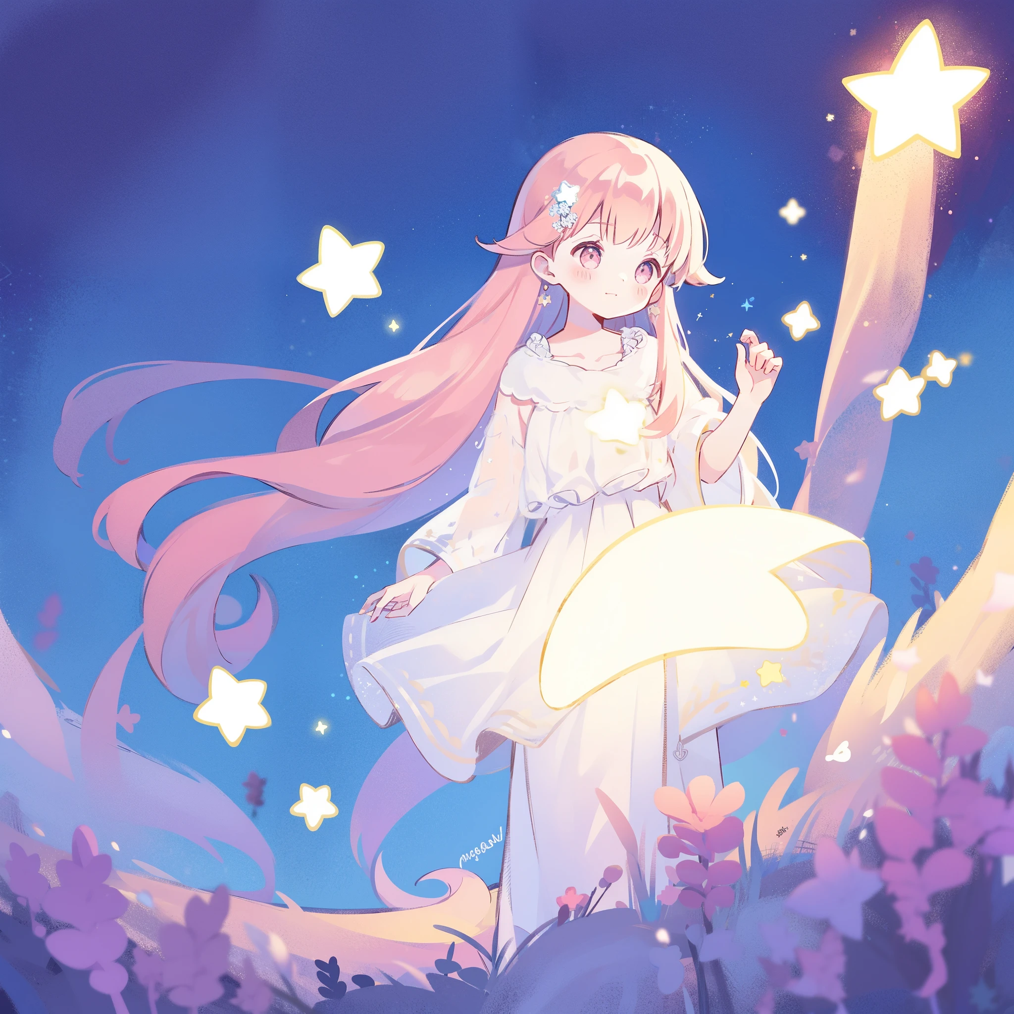 complex background, wishing star background, a woman wearing an ethereal mystical pink translucent dress that reflects the stars, mystic, complex drawing, highly detailed, ethereal, starry night, midjourney style