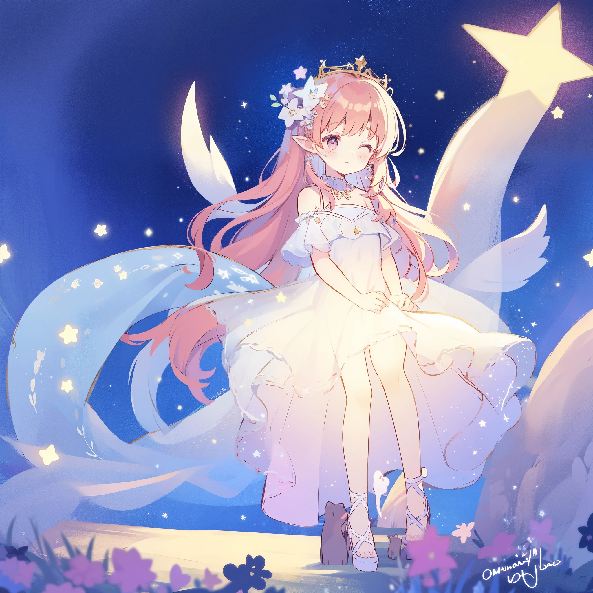 complex background, wishing star background, a woman wearing an ethereal mystical pink translucent dress that reflects the stars, mystic, complex drawing, highly detailed, ethereal, starry night, midjourney style