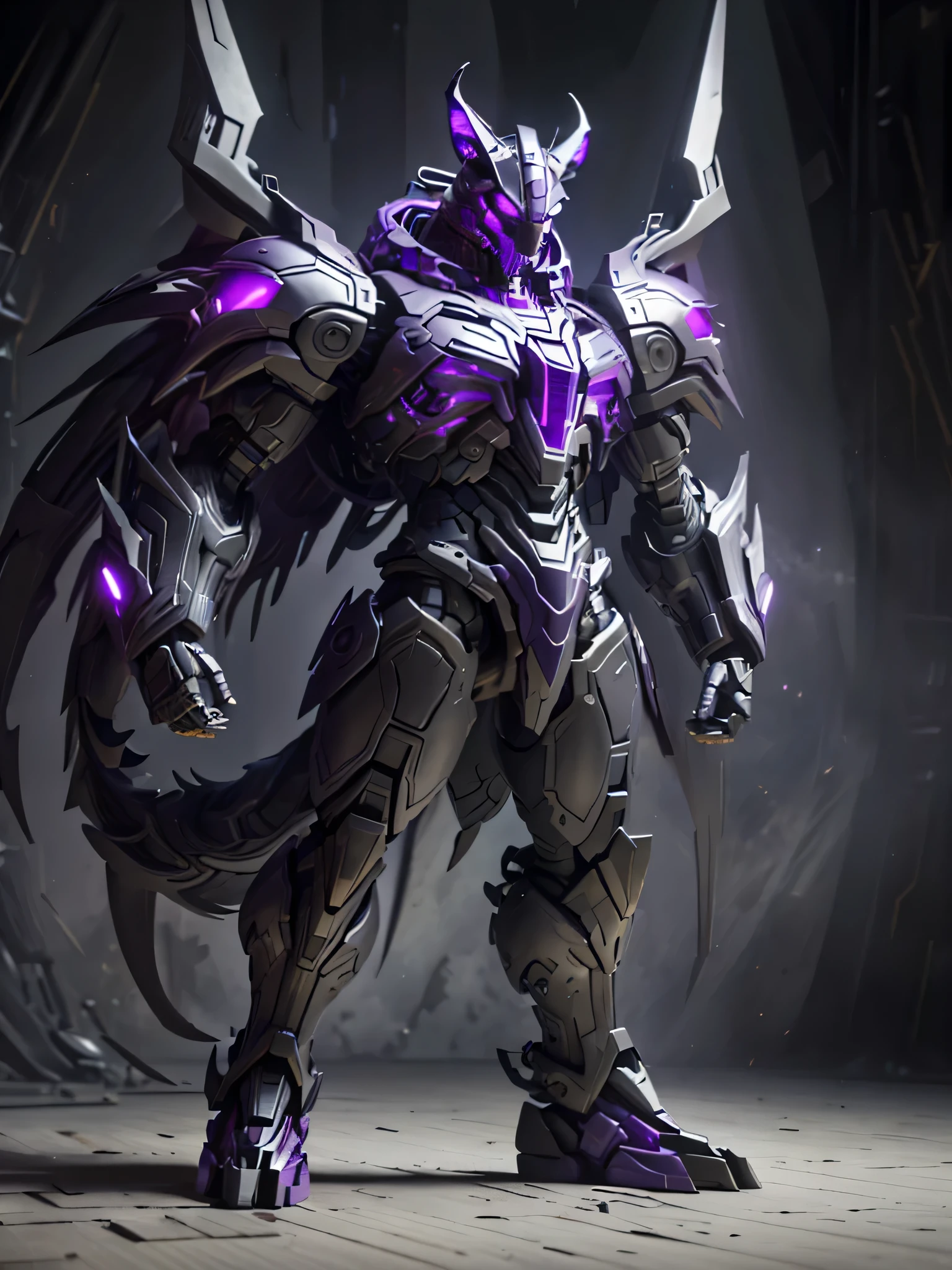 Cybernetic, Giant, Purple, Perfect, Full Body, Entirely Cybernetic, Wolf Body, Symmetrical, Horns on head