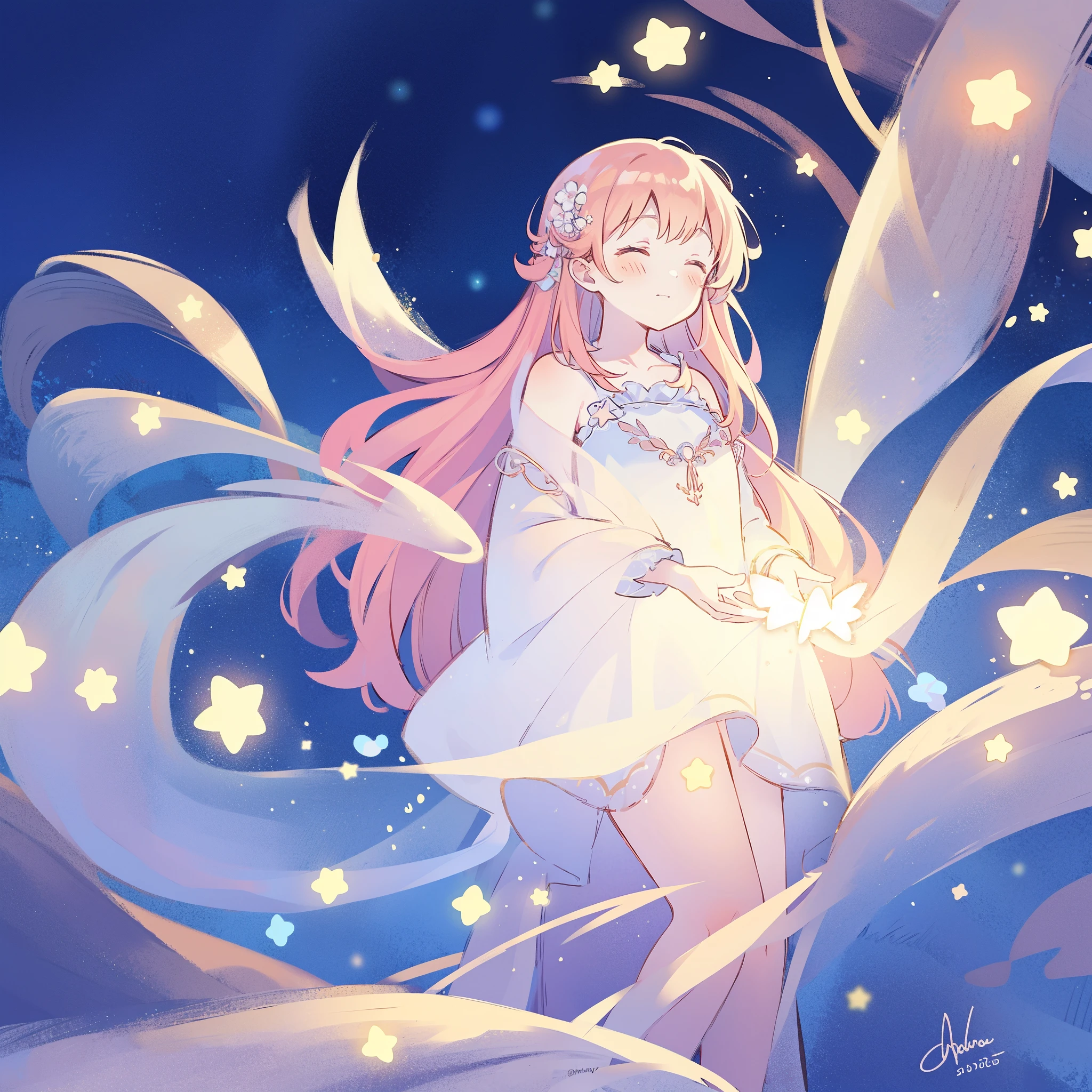 complex background, wishing star background, a woman wearing an ethereal mystical pink translucent dress that reflects the stars, mystic, complex drawing, highly detailed, ethereal, starry night, midjourney style