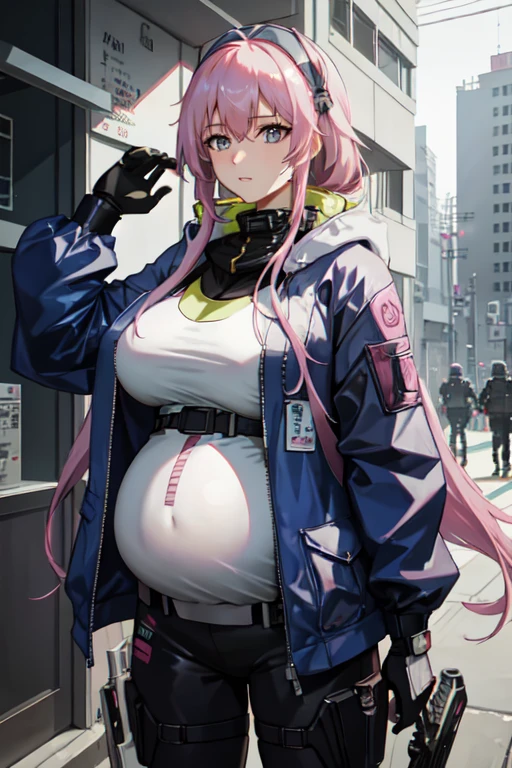 I want a female soldier with long pink hair, She holds a gun in her right hand.
Anime style. 4K, Cyberpunk style，beauty，(Pregnant，Huge breasts：1.8)