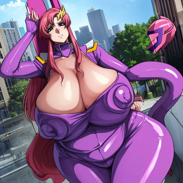 (Facial Realism:1.2),A tentacle man holding four breasts behind his back tentacle girl, Slime, goddess, Royal Sister, Eat the parasites, Slime, nausea, Blushing and embarrassed, Big Breasts, During pregnancy, Tall giants, Giant woman standing near a skyscraper in the city, Giant giant, Female Monster, eggplant, Transparent pink latex combat suit, Great pressure, Terrifying beauty,Erect nipples visible through clothes,face focus:1.2,View from the front,View your viewers,(Evil Obscene Helmet:1.5),((Super super super huge breasts)),((Super super super big cleavage)),Sauce milk,(Lacus Clyne (Lacus Clyne) - Mobile Suit Gundam (Mobile Suit Gundam)),