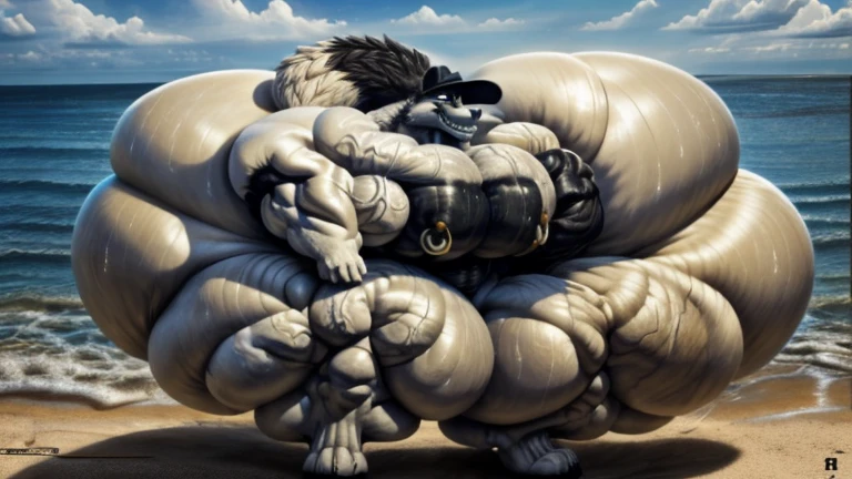 4k, high resolution, best quality, perfect lightning, perfect, solo, anthro, young, boy,white wolf:2.0, furry body, (fluffy mane:1.2), fluffy tail, male, adult, (bulky2:0, thick muscles2:0, huge muscles:2.0, hyper muscles:2.0), (thick biceps, veiny biceps, broad shoulders:2.0), (thick legs, thick calves:1.1), (digitigrade legs, 4 toes:1.2), perfect colors, (photorealistic fur, detailed fur, epic, masterpiece), ( posing:1.2), ( smile,  grin 1.3), detailed beach,detailed wolf eyes:2.0, by k0suna, by darkgem，nipple ring，hyper arms:2.0，veins,white body,white fur,hyper :2.0,hyper paws:2.0，standing，thick legs，thick butts:2.0,sweat body:2.0,massive :2.0,black hat,hyper :2.0,huge ass,long legs,juicy :2.0