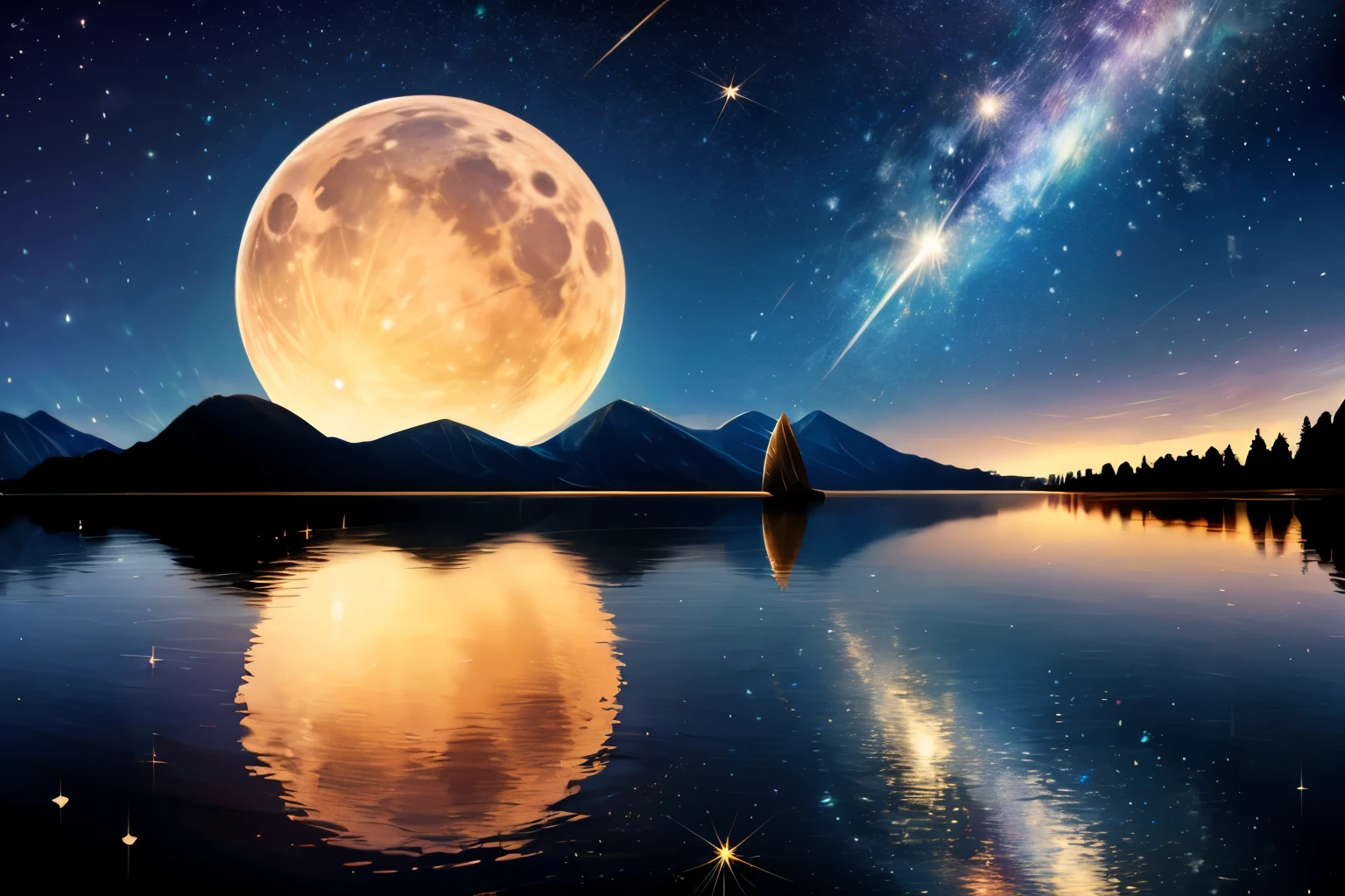 Top quality, huge moon, night sky with fantastic meteor shower, starry sky reflected in the lake, fantastic atmosphere