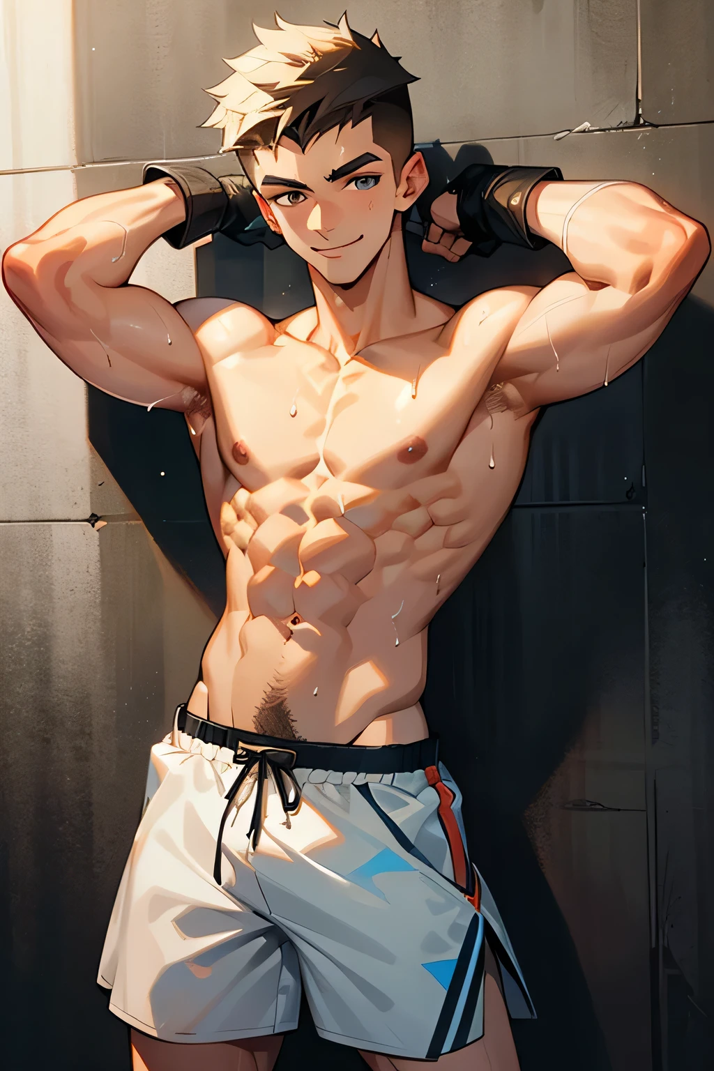 a shirtless 19-year old handsome caucasian male in faded haircut, mma gloves, white mma shorts, cute, handsome face, six-pack abs, beautiful body, well-defined body, sweating profusely, shirtless, in front of a wall, hands behind head, smiling 