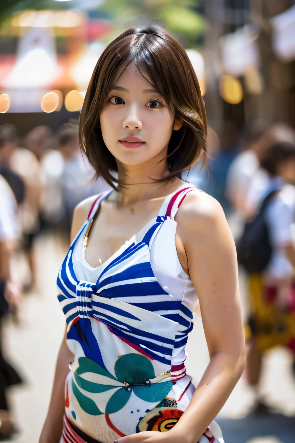 highest quality, Photorealistic, Very detailed, finely, High resolution, 8K Wallpaper, Professional, High level of detail, ((One 18 year old girl:1.2)), Slender Japanese women,Pretty lips, (Beautiful long lashes:1.2)、Detailed clavicle, Perfect Face, (Cute short bob hair:1.5),Top Quality,Ultra-clear resolution,Clear Eyes,Sunburned skin,Perfect large breasts,have perfect legs,(Enjoy the festival fair:1.5)、(Posing in a yukata:1.5)、(Full-body photo:1.5)