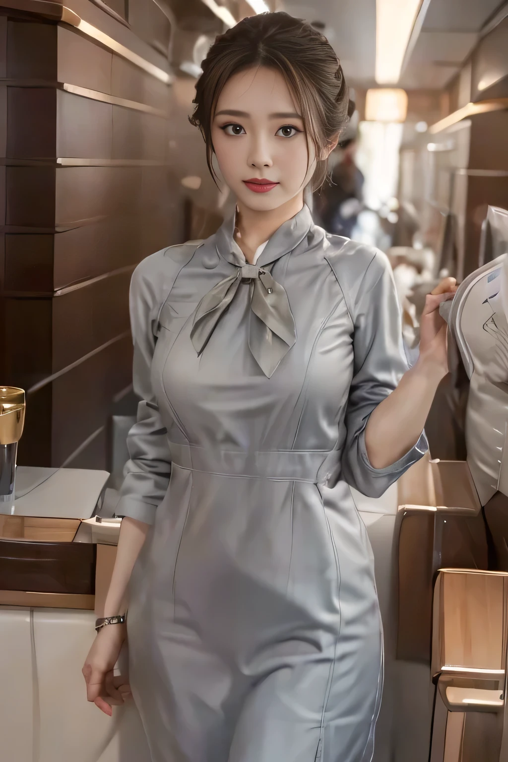 Starlux Airlines silver short sleeve uniform、Earrings、Captivating look、Long hair updo、Evening updo、Young Asian Woman、