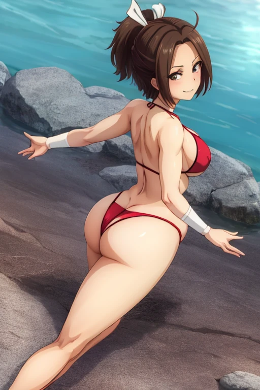 masterpiece, best quality, beautiful art, high resolution, well formed hands, body and fingers, 1 woman, solo, Hikari Hazakura, hair ribbon , adult, big breasted, cleavage, wearing a Tyris Flare outfit, full body, sexy and skimpy bikini, gorgeous legs and thighs , dancing seductively and erotically, turning backwards and forwards, showing her back and front, showing her butt, t -back, bikini thong, smiling joyfully, looking at the viewer, flirting, beach environment