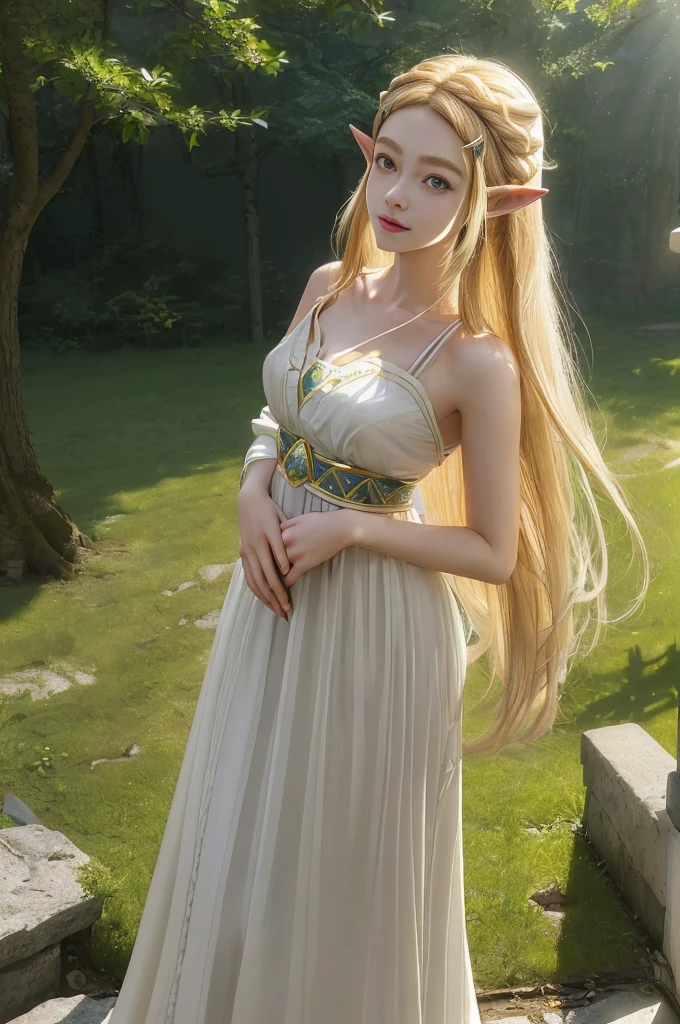 8k, raw camera, highres, detailed, masterpiece, portrait, photorealistic, hyperrealist, aesthetic, beautiful, best quality, highly detaile, best quality clothing, aesthetic clothings, professional angle, rule of thirds, Feminine, delicate, beautiful, 19 years, attractive Japanese, (solo), 1 girl, (Princess Zelda,, Botw), (In Outdoors), ((Full Body)), ((From Front) Shallow Depth of Field), -, ((Normal)), (Semi Long Hair, Blonde Hair), (Loose Hair, Braid, - Hair), ((HairClips, Pointy Ears)), (- Eyes, Open Eyes, Cheerful Gaze), (-, Arms Down, Hands Down), ((Standing), Closed Mouth), -, -, (Average Bust), ((White Dress, -)), (-, -), (Delicate Clothes), beautiful body, beautiful eyes, shiny eyes, shiny hair, beautiful mouth, beautiful lips, beautiful skin, beautiful face