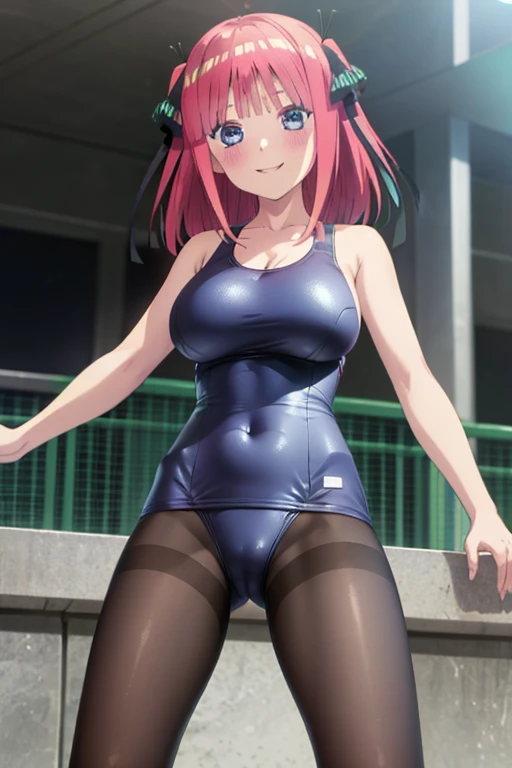 best quality, ultra-detailed masterpiece, anime art style, cute character, nino nakano, large breasts, blush, smile, one-piece swimsuit, pantyhose, open legs,