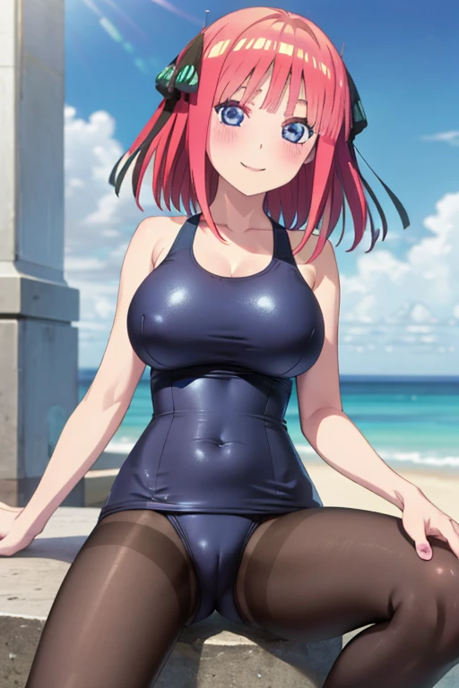 best quality, ultra-detailed masterpiece, anime art style, cute character, nino nakano, large breasts, blush, smile, one-piece swimsuit, pantyhose, open legs,