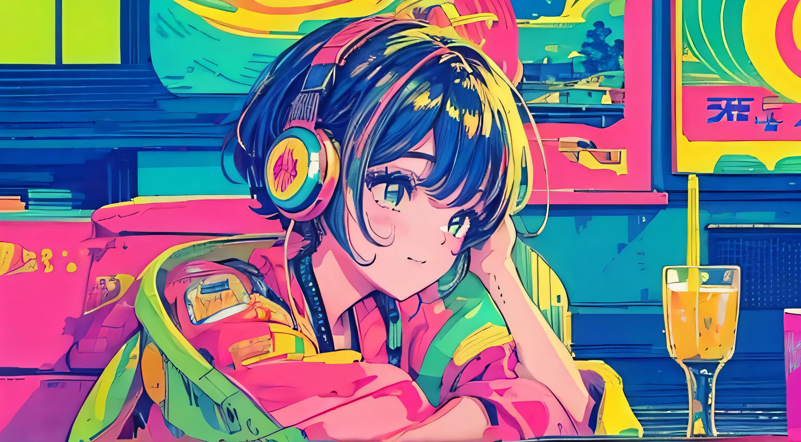 highest quality, 4k wallpaper, masterpiece, Very detailed CG Unity 8k wallpaper, Very fine grain, Very detailed, Intricate details, Close-up of one happy girl in the center, Retro art style, neon_Pop Art Style, indoor,Relax on the sofa,headphone