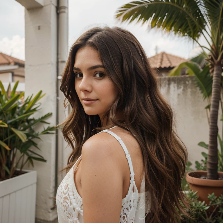 A woman in her 20s., Brown and wavy hair, medida del cuerpo 36-25-36, altura 5&#39;7", ojos color avellana, ((vistiendo jeans largos y holgados y una camiseta kawaii)) ,((lying on a bed in a room with a view)), tiempo de enfriamiento, ((penthouse)),(( junto a una gran ventana)), modelo de instagram, luz, pose sincera, Tiro de cuerpo entero y altura completa, Obra maestra, vista superior, Bird sight, raw photography, 8k, calidad superior, Poro fino, fotorrealista, ultra detallado, (detalle alto de la piel:1.2),extremadamente detallado,intrincado, Sharp focus