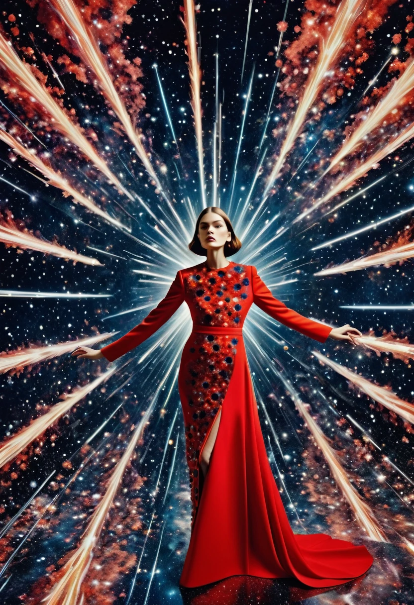 For Marie Claire, a model in a Valentino creation, her pose commanding, amidst the depiction of a supernova explosion. Asymmetrical composition by Andreas Gursky