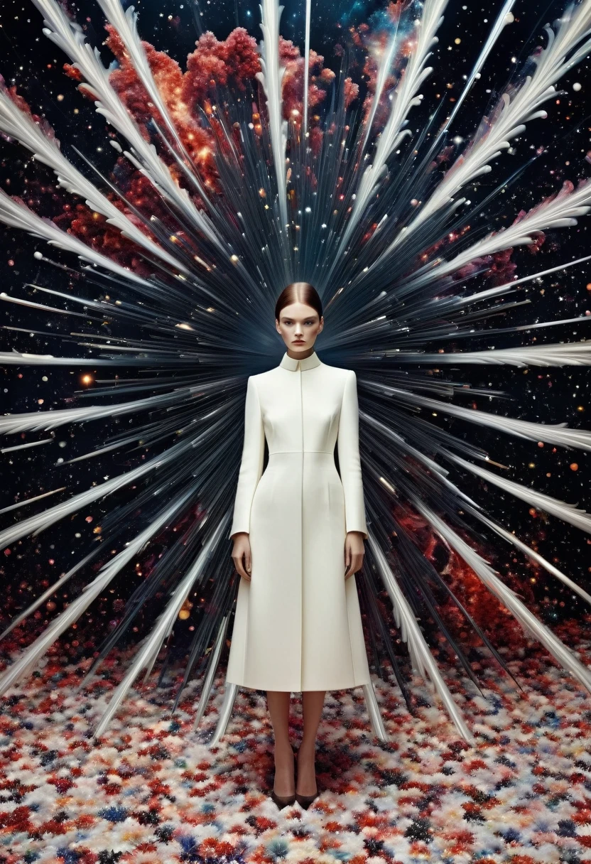 For Marie Claire, a model in a Valentino creation, her pose commanding, amidst the depiction of a supernova explosion. Asymmetrical composition by Andreas Gursky