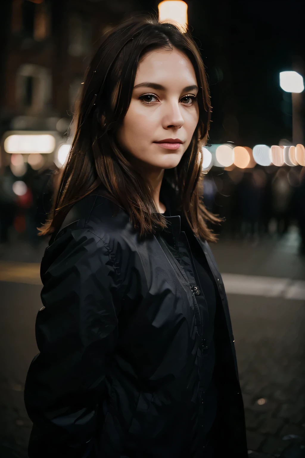 polaroid photo, night photo, photo of beautiful 45 year old woman, medium length brown hair, pale white skin, Bokeh, dressed in black jacket, motion blur