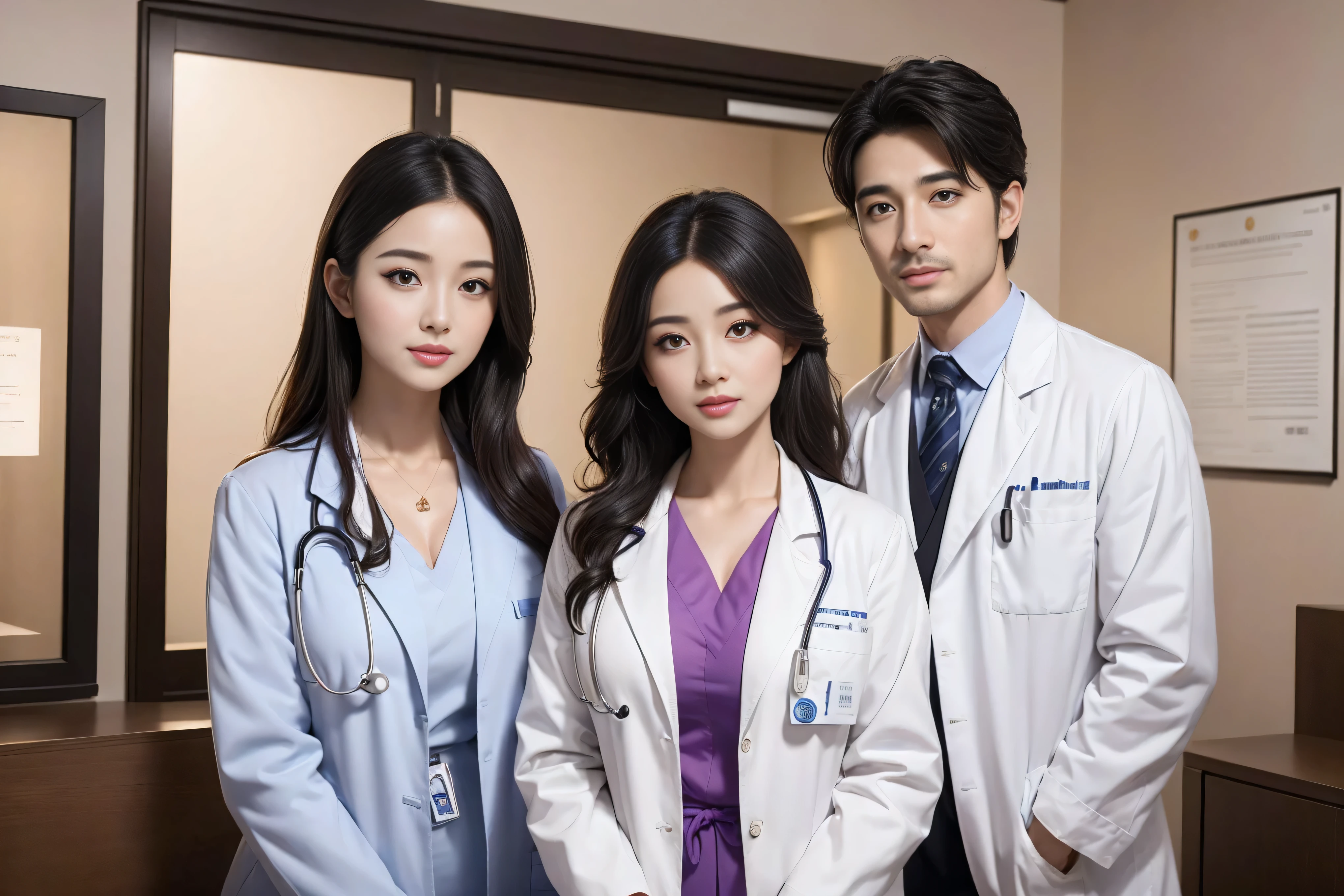 Realistic beautiful doctor、Stunningly beautiful、Doctor's white coat, Collared shirt、(Top quality、8K、32K、masterpiece、North African Trade Zone:1.3)、Ultra-high resolution,(Reality:1.4),Original Photography, Detailed face,,Beautiful hair, ((Doctor style)),,((Leg length)), (Thigh gap:1.5), , Black tight skirt、 Natural Makeup,, Big plump breasts、In the hospital, Detailed background, Perfect lighting, Depth of Field, Beautiful shadow gradient,Stethoscope ,