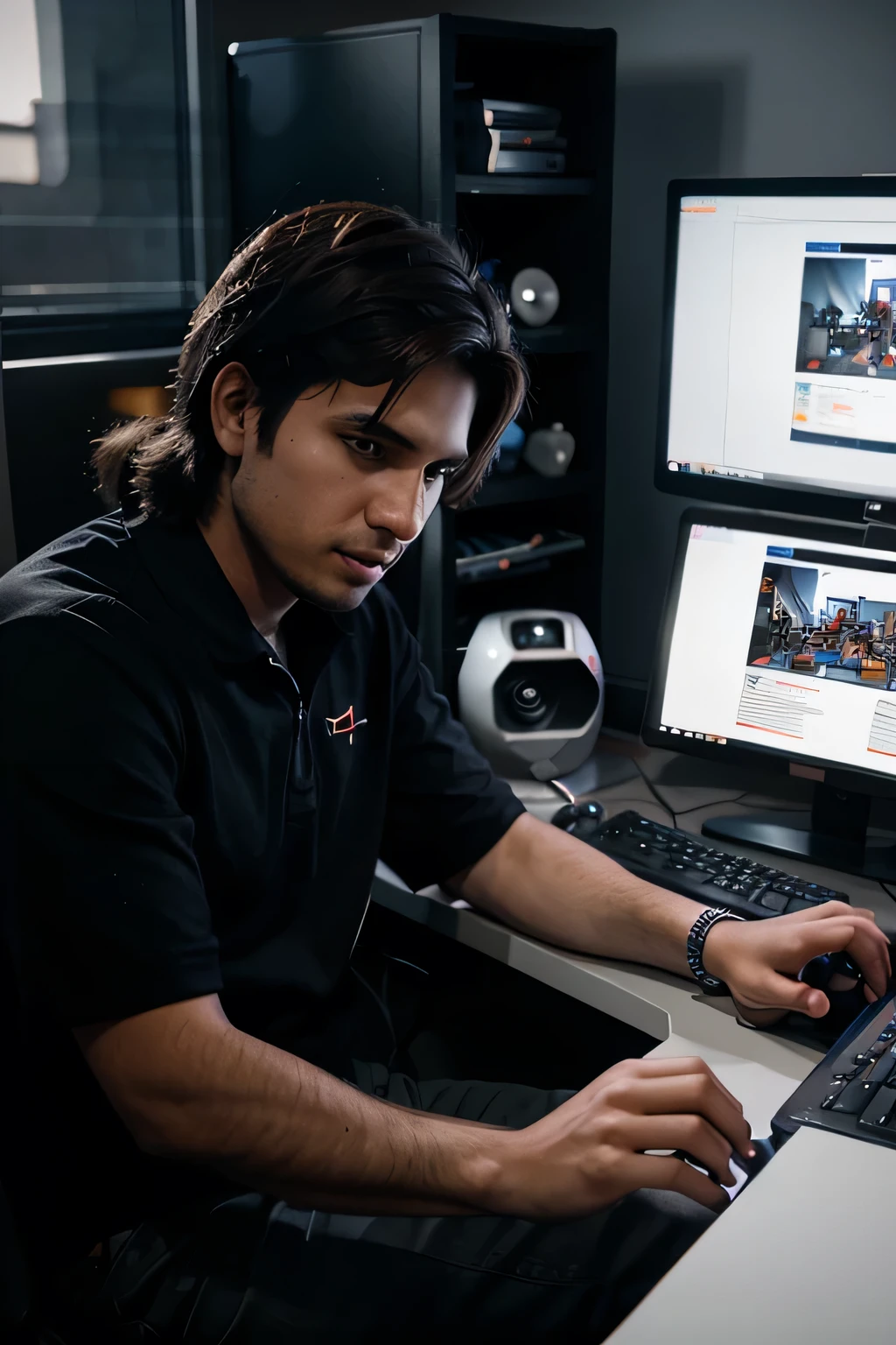 people working as a game developer, and he design 3d model on his computer