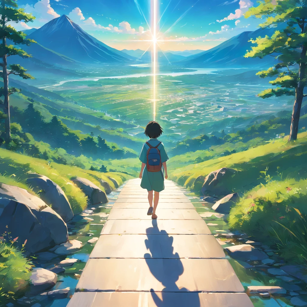 masterpiece、highest quality、Super fine、Lens flare、open、Spectacular views、nature、mountains、blue sky、Stained glass floor、solo、one person、Boy walking in the distance