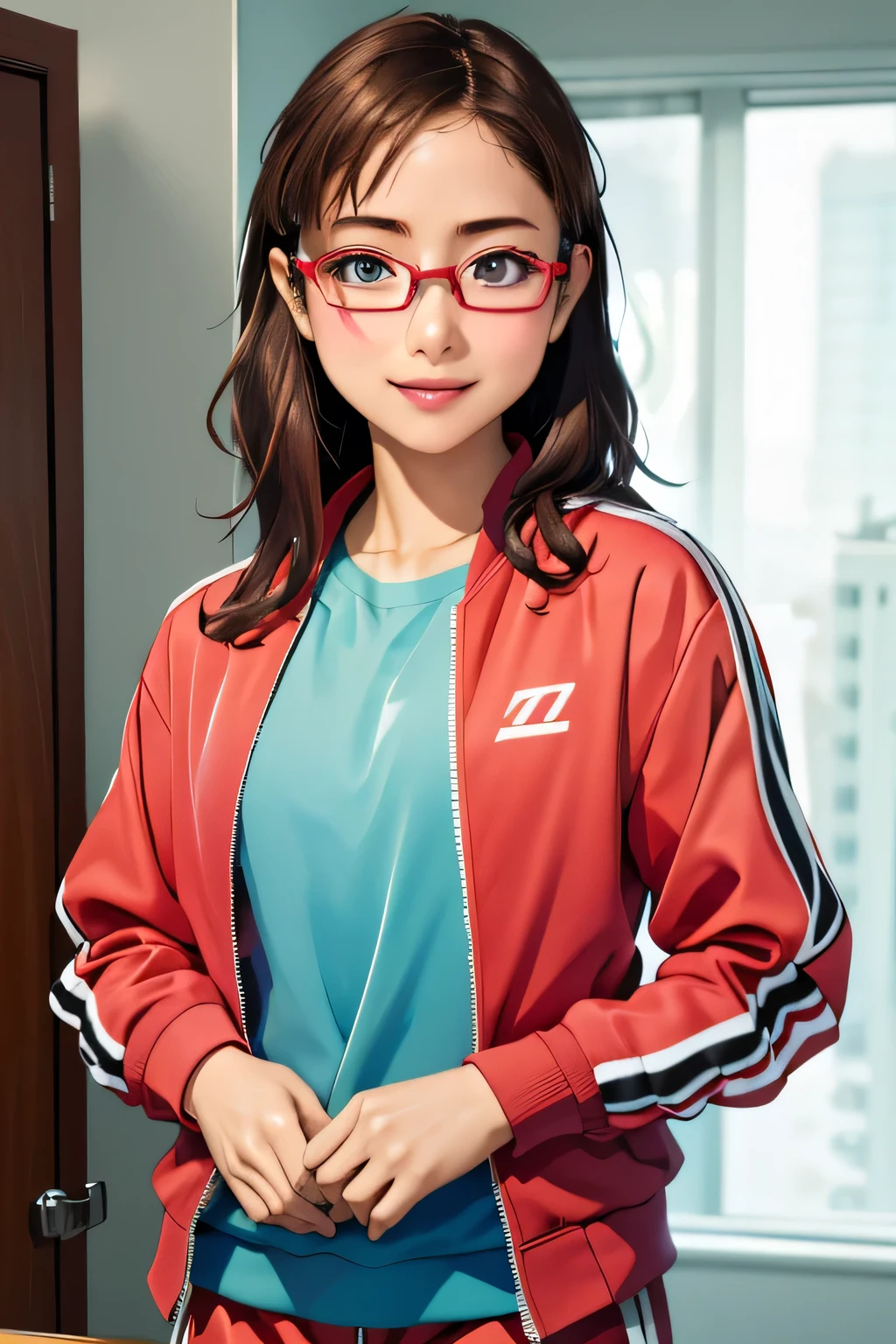 (masterpiece, highest quality), One girl, Satou, Satou, Glasses, Glasses with red frames, Under-rim eyewear, Satou, Glasses, Glasses with red frames, Under-rim eyewear, Track jacket, Track pants