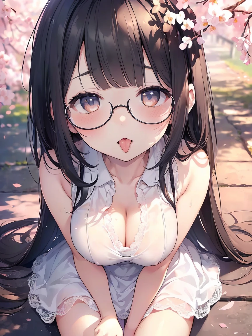 Very detailed, highest quality, High resolution, Moe Anime, ((Cute girl with black hair and droopy eyes)), ((Wearing large round glasses:1.4)), (Baby Face), Cute eyes, Detailed eye depiction, Sparkle in the eyes, View your viewers, Pale skin, (Big eyes:1.4, Droopy eyes:1.4, Fatty face:1.4), smile, Focus on the face, In the park with cherry blossoms falling, Sitting, (Extreme close up of tongue), (((From above))), Open your mouth, (((Face only:1.3))), ((white lace sleeveless dress)), Bright Eyes, Light from the front, (Put your hands between your legs:1.4), large and long tongue, Cleavage