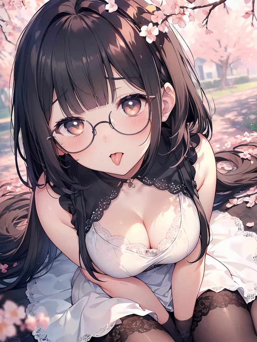 Very detailed, highest quality, High resolution, Moe Anime, ((Cute girl with black hair and droopy eyes)), ((Wearing large round glasses:1.4)), (Baby Face), Cute eyes, Detailed eye depiction, Sparkle in the eyes, View your viewers, Pale skin, (Big eyes:1.4, Droopy eyes:1.4, Fatty face:1.4), smile, Focus on the face, In the park with cherry blossoms falling, Sitting, (Extreme close up of tongue), (((From above))), Open your mouth, (((Face only:1.3))), ((white lace sleeveless dress)), Bright Eyes, Light from the front, (Put your hands between your legs:1.4), large and long tongue, Cleavage