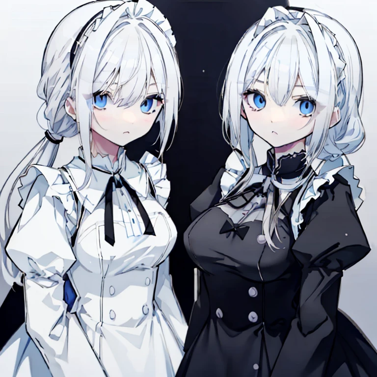 White Hair,Long Hair,ponytail,Blue Eyes,Sharp Eyes,Two Girls,The first one wears a cute maid outfit,The other one wears a black dress,Serious expression,Ample breastature,Point guns at each other,Face to face,