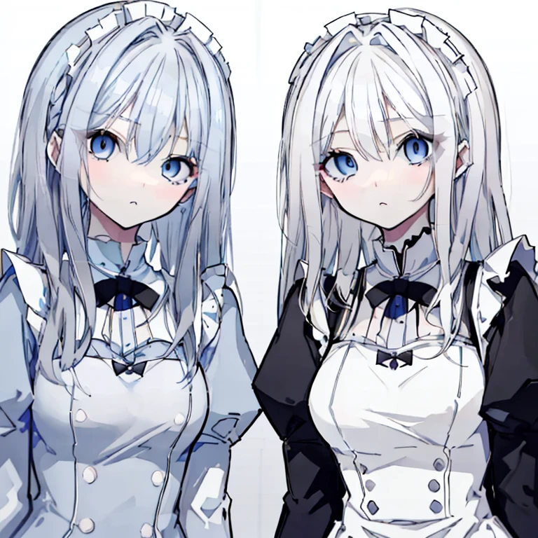 White Hair,Long Hair,ponytail,Blue Eyes,Sharp Eyes,Two Girls,The first one wears a cute maid outfit,The other one wears a black dress,Serious expression,Ample breastature,Point guns at each other,Face to face,